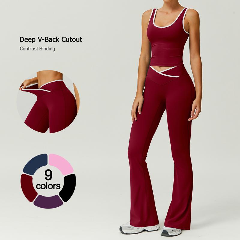 Color Block U-Neck Piped Tank & Bell Bottom Set , Stretch Fabric, Flared Fit , Yoga, Gym, Outdoor & Daily Athleisure , Wome Stylish Activewearn's Summer Lounge Sweatsuits Sleeveless Exercise