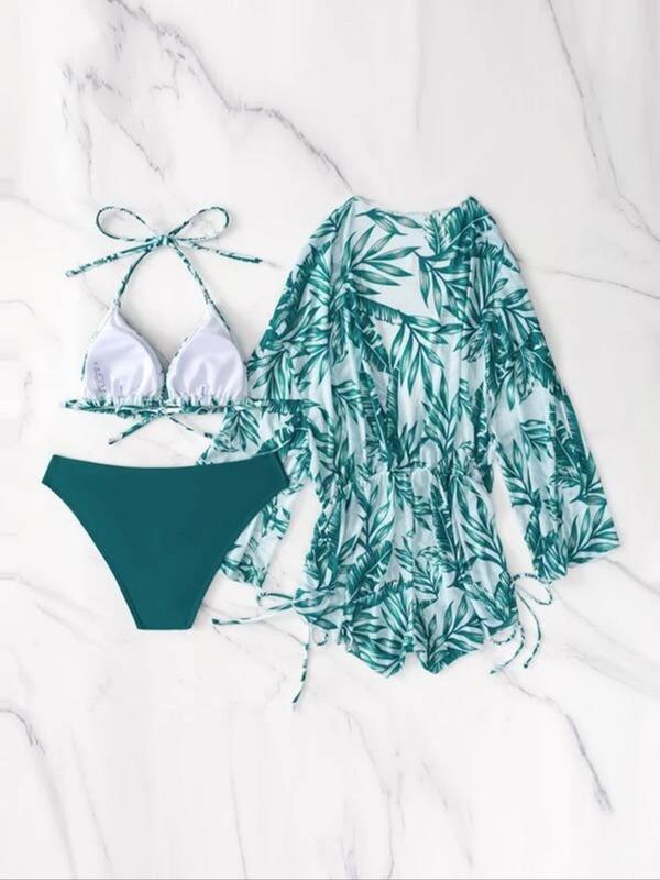 Women's Tropical Print Bikini Set, Halter Neck Tie Back Triangle Bra & Drawstring Side High Waist Romper & High Cut Swim Panty Swimsuit Sets, Beach Bathing Suit, Women's Swimwear, Summer Swimsuit Style Beach Bikini, Swim Top Set