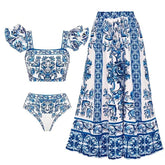 Three-piece Set Women's Floral Print Swimsuit Set, Boho Fashion Layered Ruffle Trim Swim Top & Swim Panty & Cover Up Skirt Set, Three-piece Swimwear for Beach Holiday Vacation, Bikini Sets, Modest Swimming Wear, Bathing Suits, Bikinis Sets