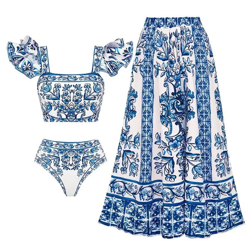 Three-piece Set Women's Floral Print Swimsuit Set, Boho Fashion Layered Ruffle Trim Swim Top & Swim Panty & Cover Up Skirt Set, Three-piece Swimwear for Beach Holiday Vacation, Bikini Sets, Modest Swimming Wear, Bathing Suits, Bikinis Sets