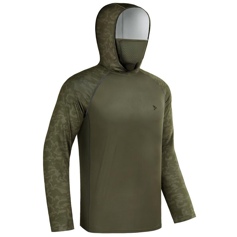 Sun UV Protection Hoodie Shirts, UPF 50+ Men Raglan Long Sleeve Lightweight Quick Dry Breathable Cooling Rash Guard with Mask Neck Gaiter for Outdoor, Hiking, Fishing, Boating, Biking, Sport, Gym, Constructing, Roofing, Landscaping, Gardening 915