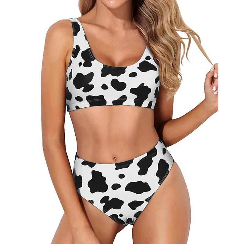 Women Two Piece Scoop Neck Bikini Crop Top High Cut Swimsuit Sporty High Waisted Bathing Suit with Bottoms