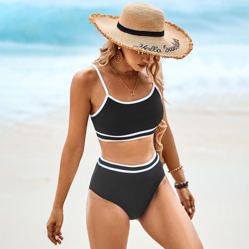 Women's Ribbed Bikini Sets Color Block Swimsuit High Waisted Bathing Suit Swimming Clothing Beach Water Sports Swimwear