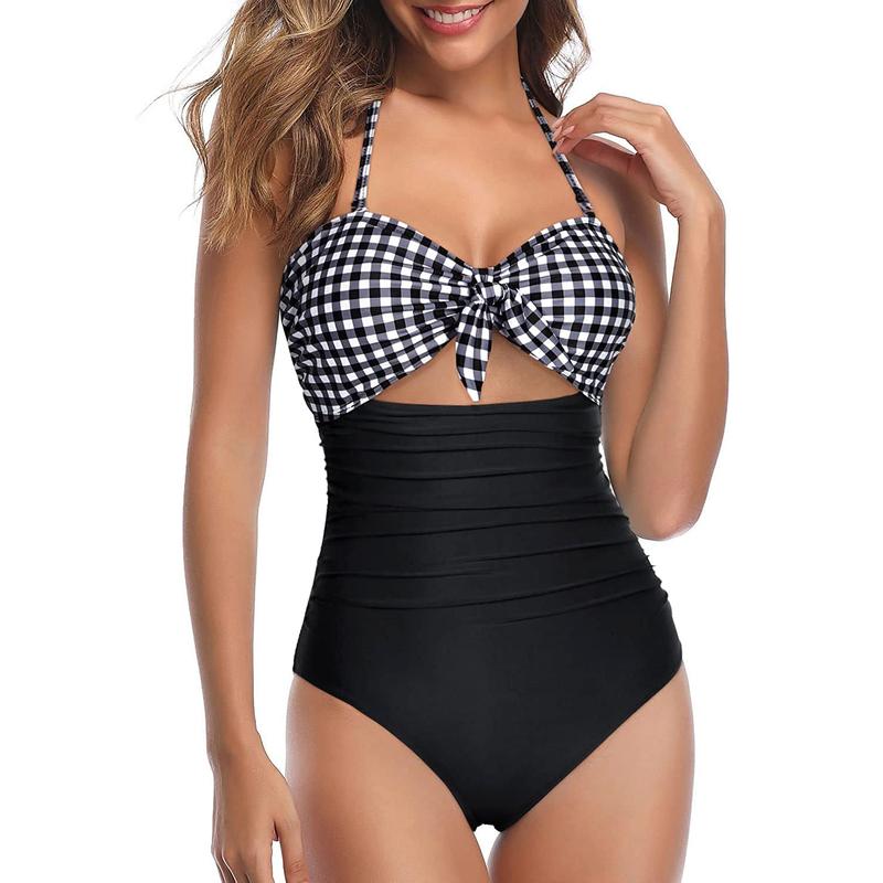 Women Sexy Cutout One Piece Swimsuits Tummy Control High Waisted Halter Front Tie Knot Bathing Suit Plus Size Full Coverage Swimsuit for Women