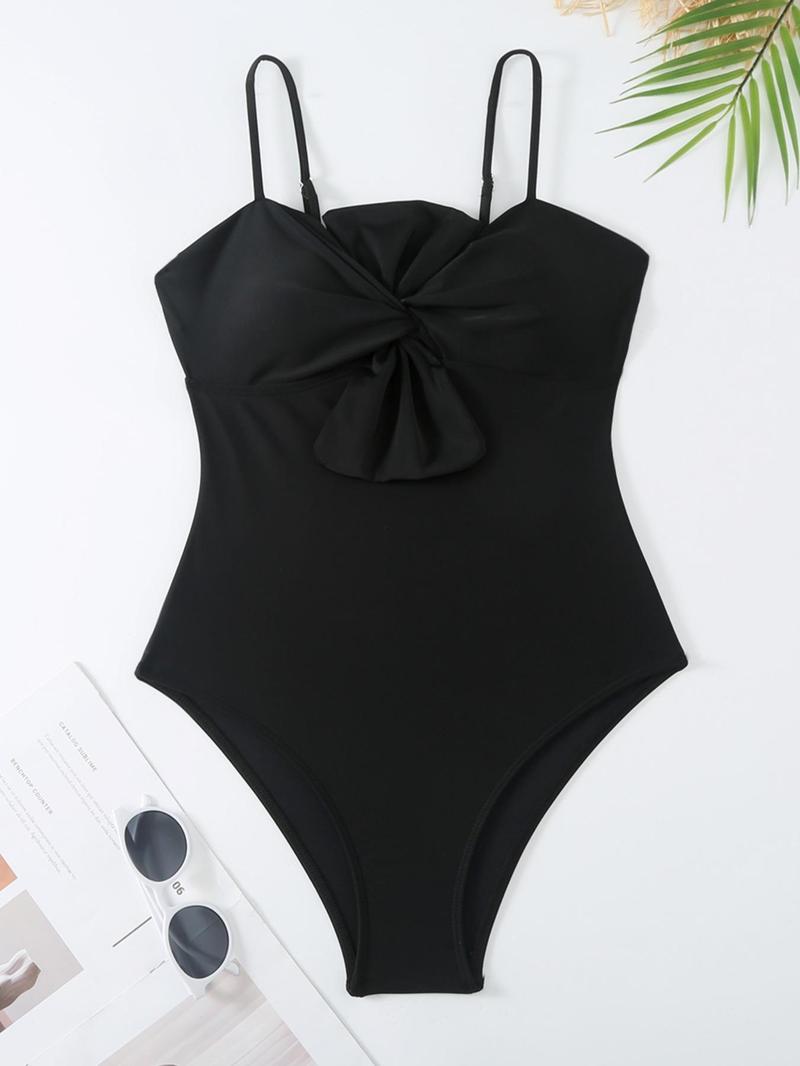 Women's Solid Twist One-piece Swimwear & Leaf Print Tie Front Cover Up Skirt Set, Boho Fashion Adjustable Strap Swimwear Set for Beach Holiday Vacation, Ladies Swimsuit for All Seasons