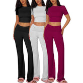 Yoga Women's two-piece casual wear slim fit short sleeved top, low waist bell bottom pants tight pants set, yoga sportswear set, yoga suit, sportswear, slim fit set, fitness set, pajamas set   tracksuits men Loungewear Womenswear Outfit
