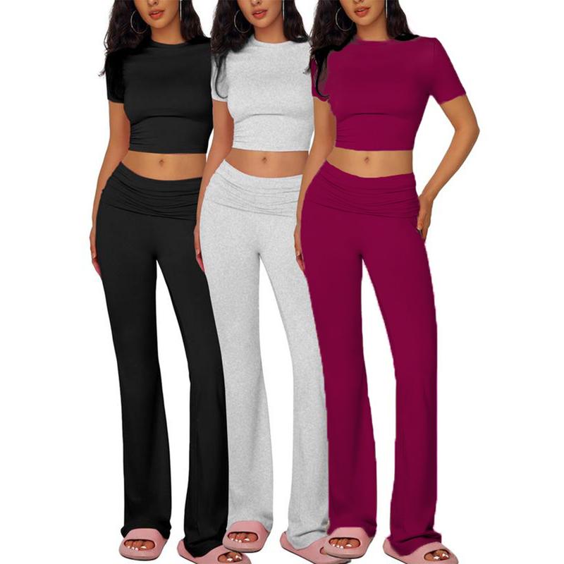 Yoga Women's two-piece casual wear slim fit short sleeved top, low waist bell bottom pants tight pants set, yoga sportswear set, yoga suit, sportswear, slim fit set, fitness set, pajamas set   tracksuits men Loungewear Womenswear Outfit