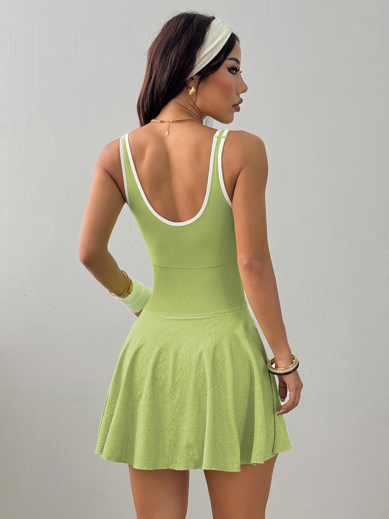 Women's Solid Contrast Trim Backless Sports Dress, High Stretch Sporty Comfortable Breathable Sports Dress with Built-in Pocket, Ladies Sportswear for All Seasons, Tennis Attire, Sporty Chic Dress, Gym Dress, Tennis Athletic Dress, Yoga Active Dress