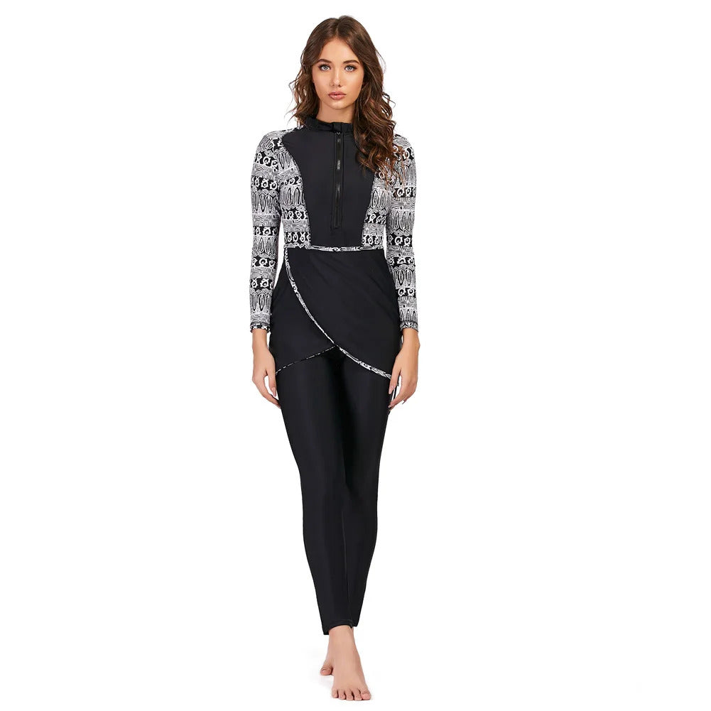 New Muslim Swimwear Women Modest Patchwork Hijab Long Sleeves Sport Swimsuit 3pcs Islamic Burkinis Wear Bathing Suit