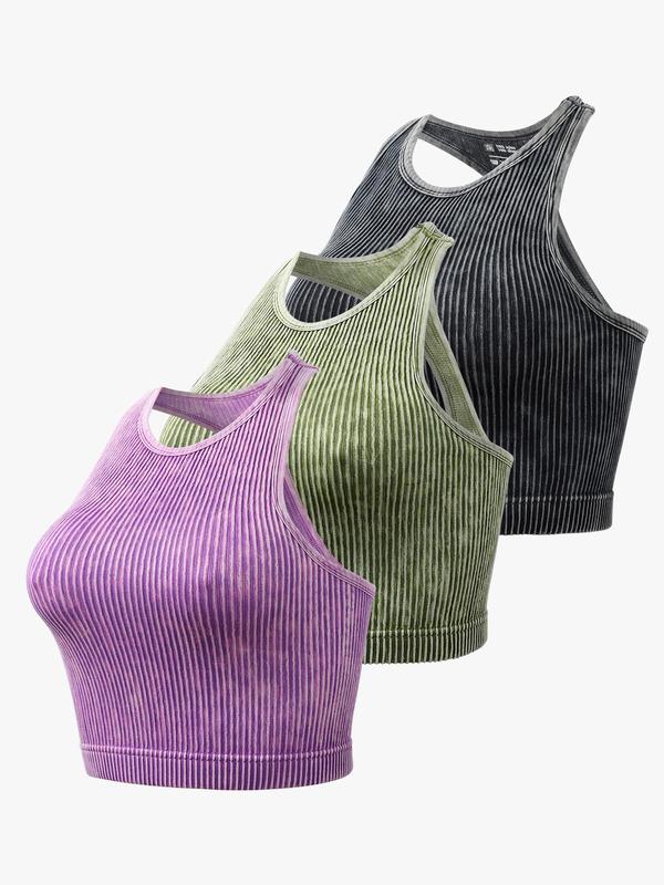 Women's Plain Round Neck Ribbed Sports Vest, Casual Sleeveless Crop Racer Back Tank Top for Pickleball Tennis Yoga Gym Workout, Women Sport & Outdoor Clothing for Summer