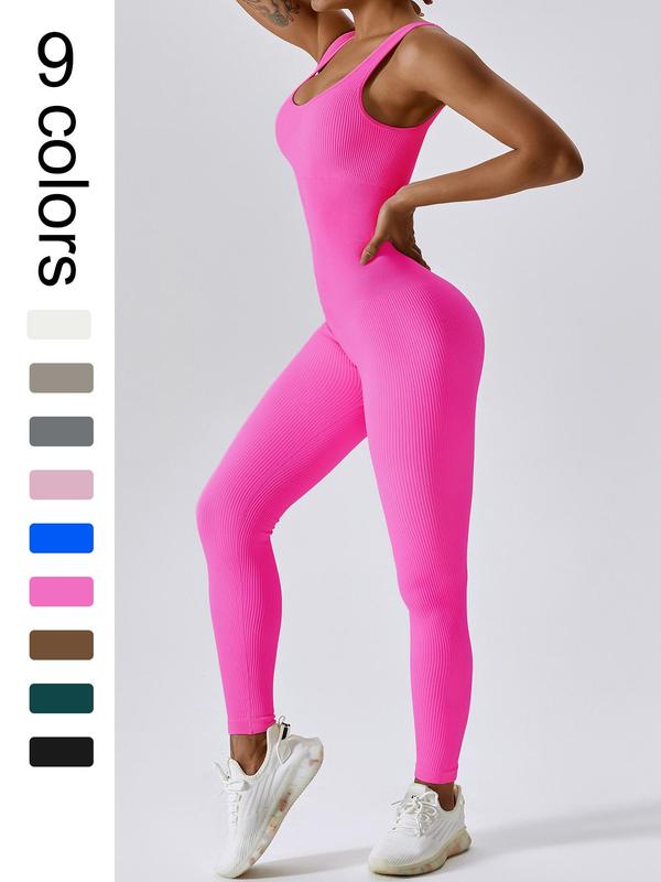 Women's Seamless One-Piece Hip Lift Crew Neck Tummy Control Jumpsuit with Tank Top, Tummy Control Dance & Fitness & Workout Set, Stretch Sportswear for Outdoor Activities, Yoga Jumpsuit