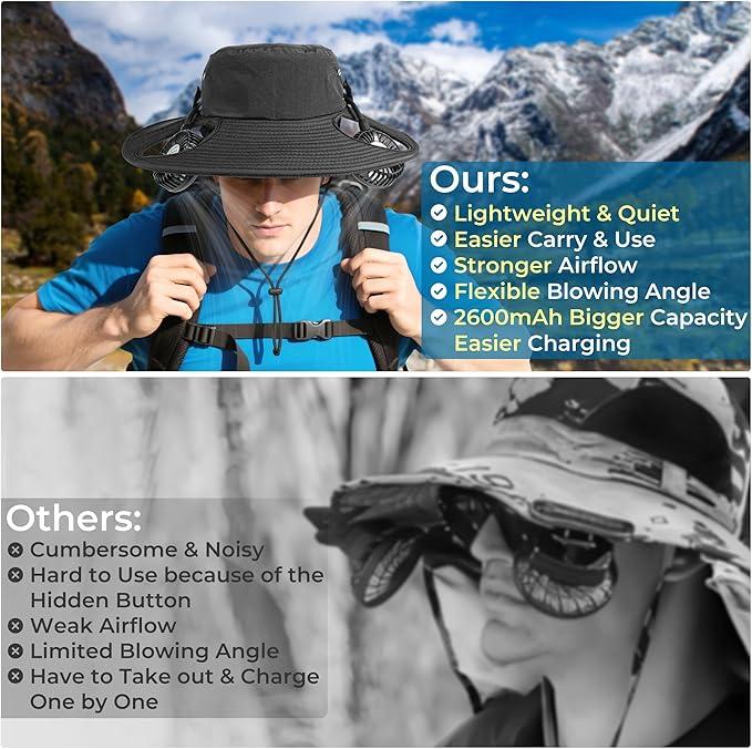 AMACOOL 2-in-1 Hands-Free Hat Fan with Detachable Neck Fan, Wide Brim Sun Hat, 3-Speed, 2600mAh Rechargeable for Outdoor Fishing Camping Beach Travel Back to School Gift