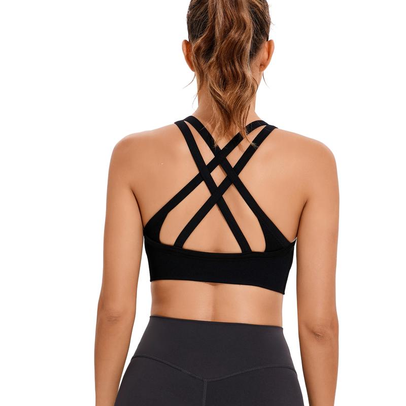 Women's High Support Sports Bra - Criss-Cross Back, Removable Cups, Medium Support, Ultra-Stretch, Moisture-Wicking, Seamless Ribbed Knit Yoga Bra with Naked Feeling