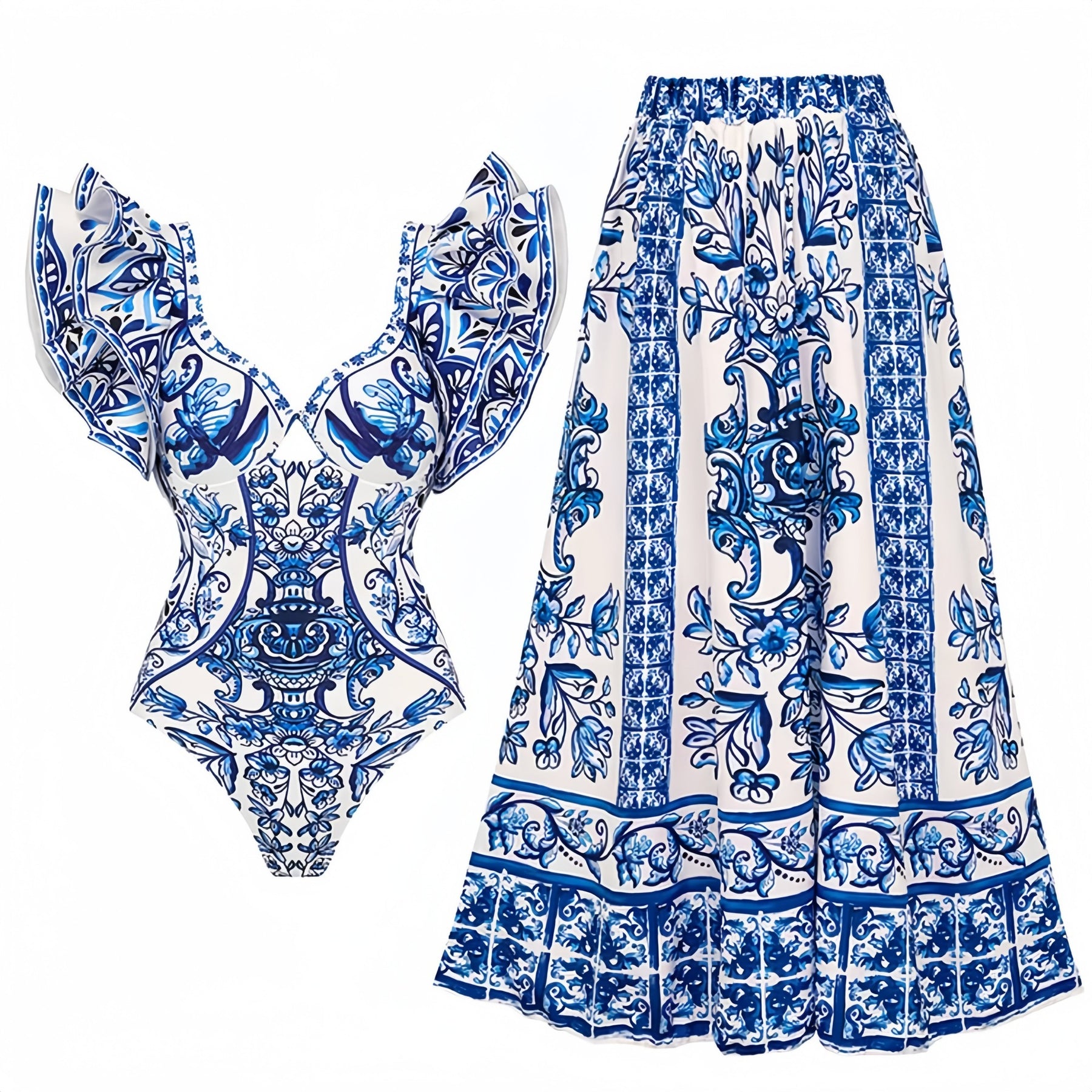 Three-piece Set Women's Floral Print Swimsuit Set, Boho Fashion Layered Ruffle Trim Swim Top & Swim Panty & Cover Up Skirt Set, Three-piece Swimwear for Beach Holiday Vacation, Bikini Sets, Modest Swimming Wear, Bathing Suits, Bikinis Sets