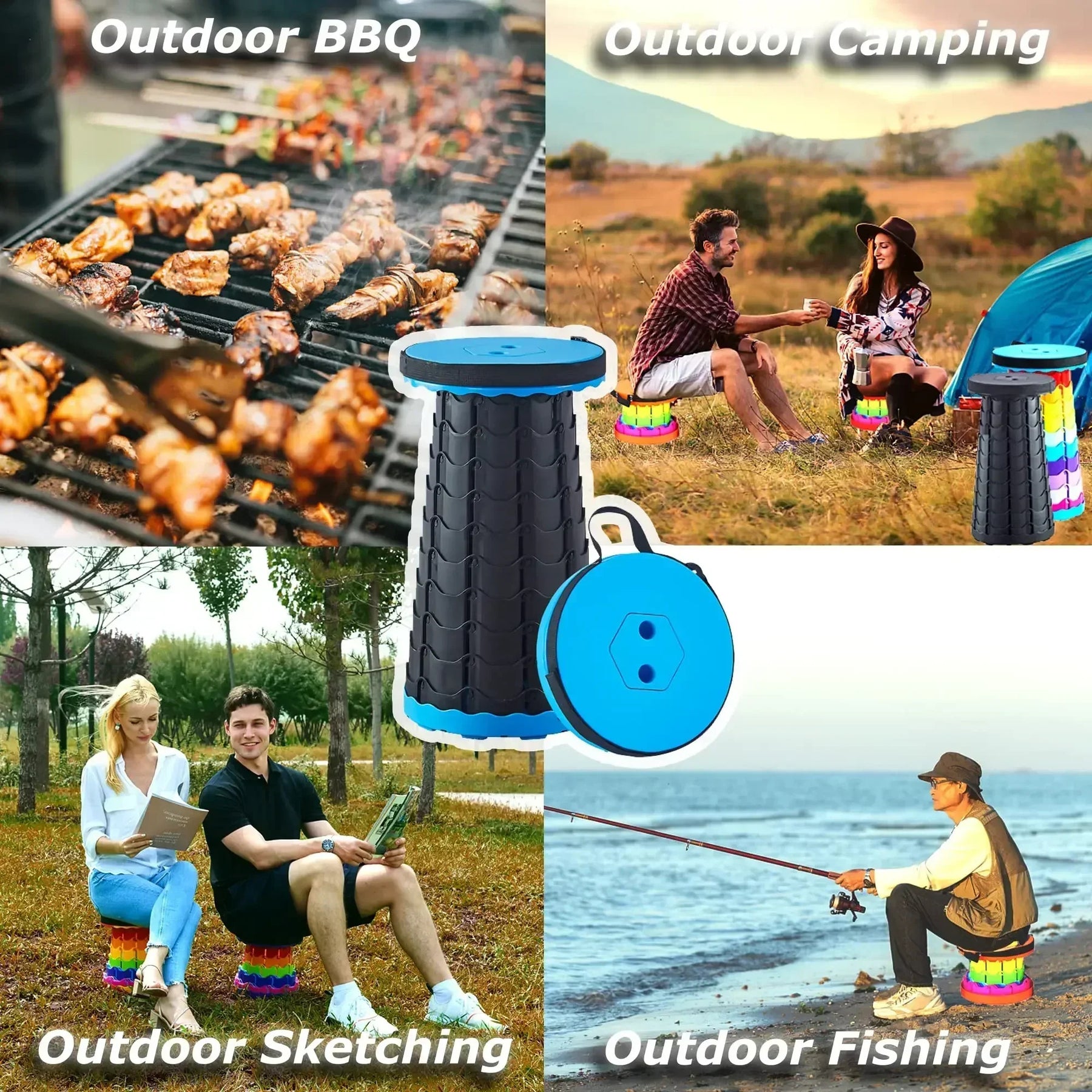 Portable Plastic Folding Telescopic Chair, Lightweight Adjustable Stool for Fishing Beach Camping, Compact Outdoor Foldable Seat