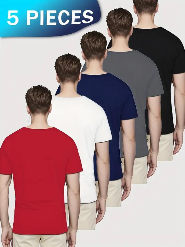 5 pieces of men's fashion letter pattern T-shirts, classic short-sleeved round-neck T-shirts, suitable for summer casual outings, sports and training. Outdoorfun ,Top Streetwear