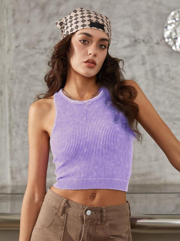Women's Plain Round Neck Ribbed Sports Vest, Casual Sleeveless Crop Racer Back Tank Top for Pickleball Tennis Yoga Gym Workout, Women Sport & Outdoor Clothing for Summer