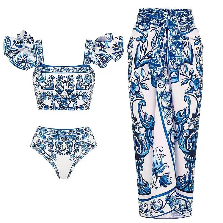Three-piece Set Women's Floral Print Swimsuit Set, Boho Fashion Layered Ruffle Trim Swim Top & Swim Panty & Cover Up Skirt Set, Three-piece Swimwear for Beach Holiday Vacation, Bikini Sets, Modest Swimming Wear, Bathing Suits, Bikinis Sets