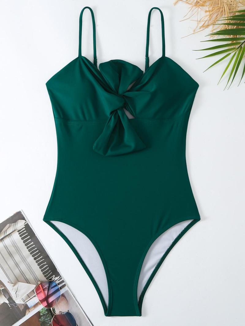 Women's Solid Twist One-piece Swimwear & Leaf Print Tie Front Cover Up Skirt Set, Boho Fashion Adjustable Strap Swimwear Set for Beach Holiday Vacation, Ladies Swimsuit for All Seasons