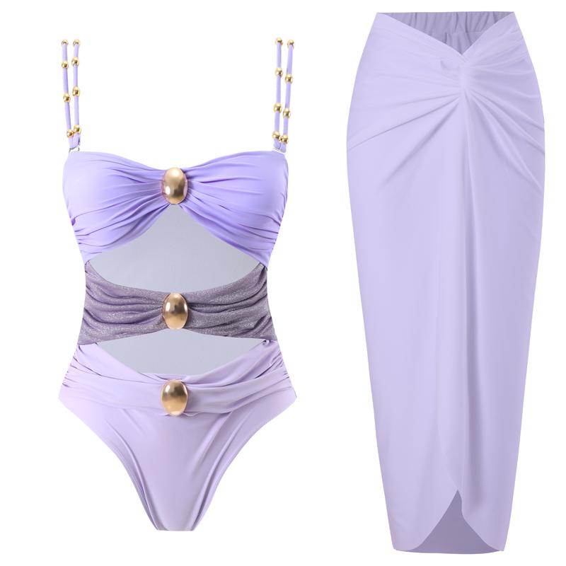 Women’s Metal Design 2 Piece Cut Out Color Block Sexy Swimsuit With Cover Up Skirt