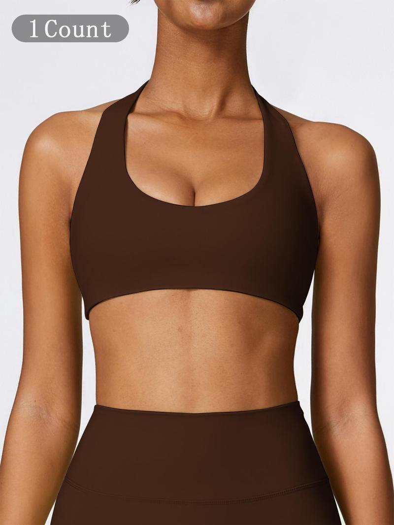 Women's Solid Wireless Halter Sports Bra, Breathable Comfortable High Stretch Sports Bra, Ladies Sportswear for Workout Gym Yoga, Fitness Clothes, Wireless Sports Bras, Yoga Workout Activewear