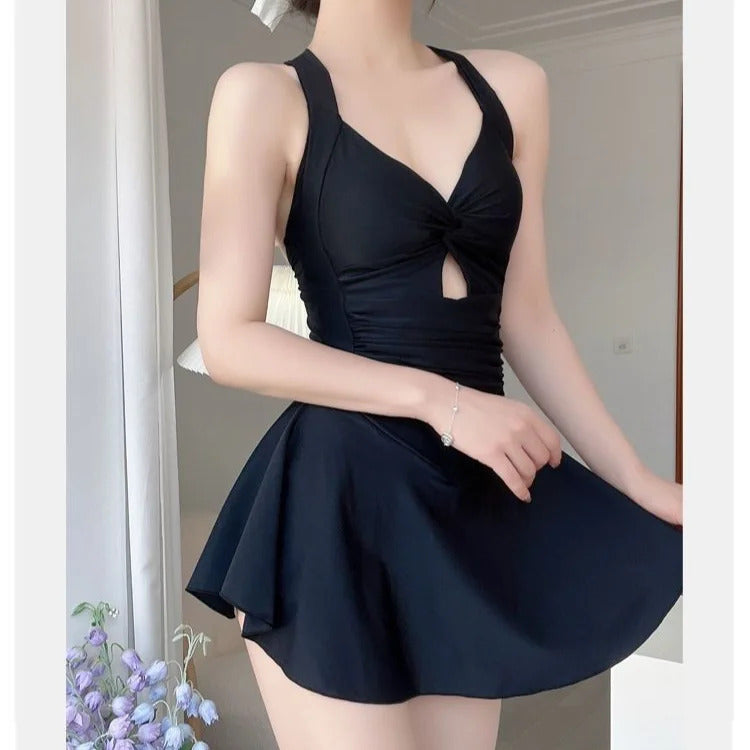 Swimming Suit for Women Solid Color Slimming One-piece Dress Style Conservative Waist Tightening Slimming Vacation Swimsuit