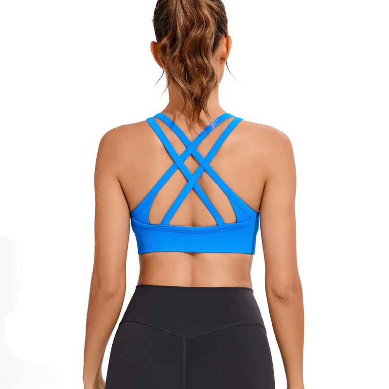 Women's High Support Sports Bra - Criss-Cross Back, Removable Cups, Medium Support, Ultra-Stretch, Moisture-Wicking, Seamless Ribbed Knit Yoga Bra with Naked Feeling