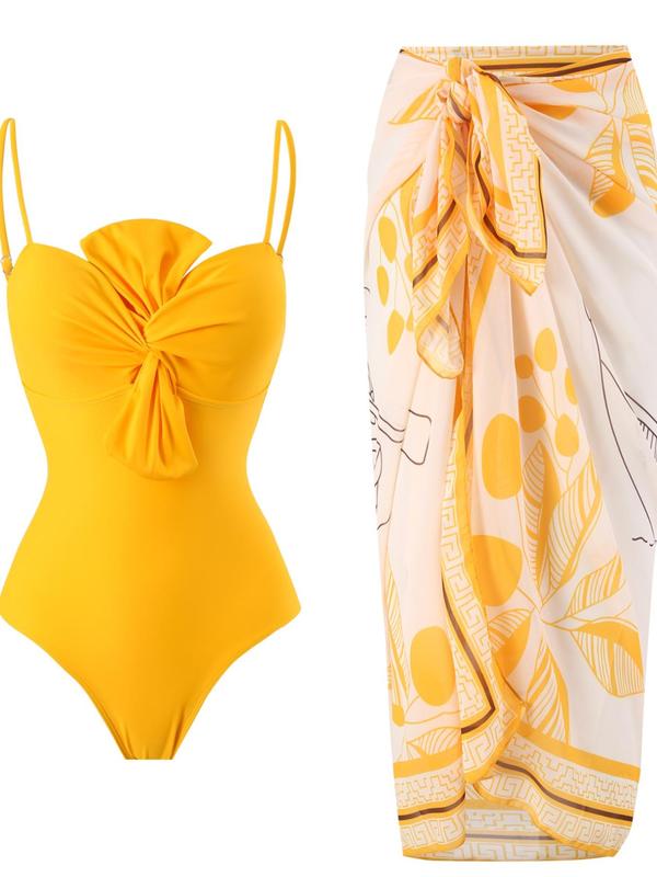 Women's Solid Twist One-piece Swimwear & Leaf Print Tie Front Cover Up Skirt Set, Boho Fashion Adjustable Strap Swimwear Set for Beach Holiday Vacation, Ladies Swimsuit for All Seasons