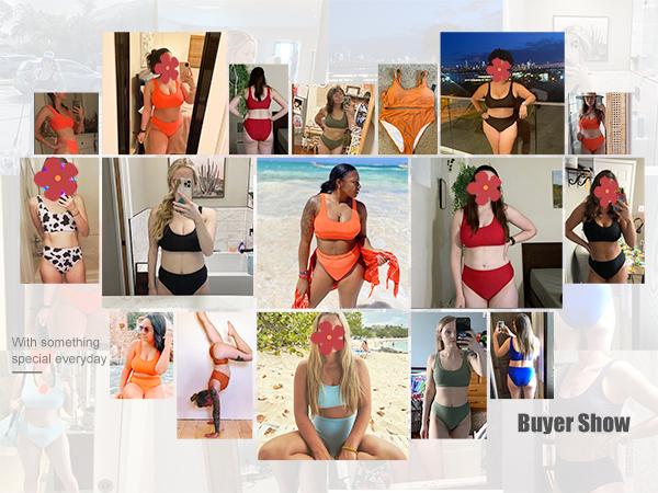 Women Two Piece Scoop Neck Bikini Crop Top High Cut Swimsuit Sporty High Waisted Bathing Suit with Bottoms