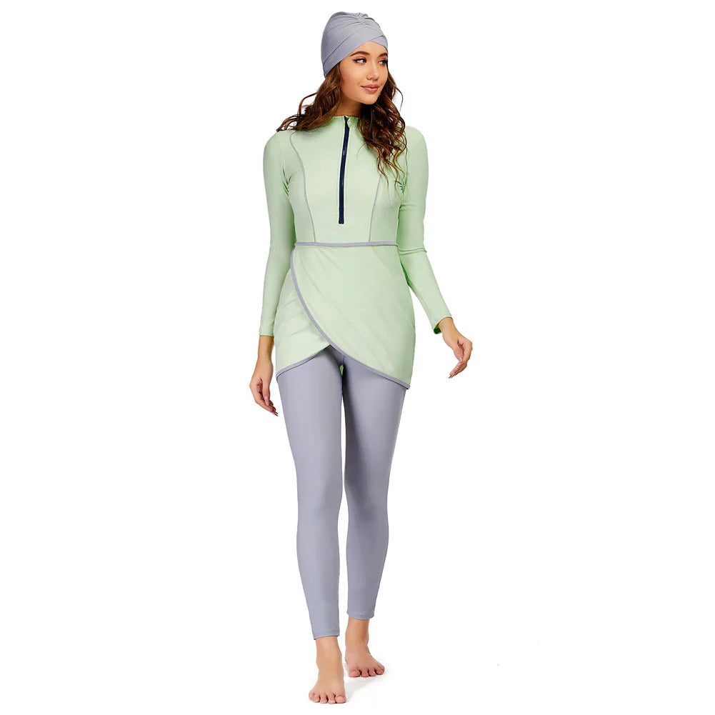 New Muslim Swimwear Women Modest Patchwork Hijab Long Sleeves Sport Swimsuit 3pcs Islamic Burkinis Wear Bathing Suit
