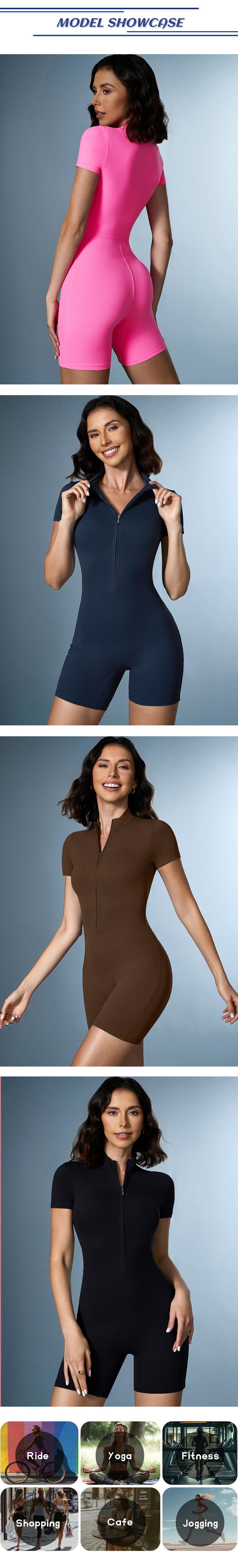 Women's Solid Zipper Mock Neck Sports Romper,  Summer Clothes Women, Casual Sporty Activewear One-piece Sports Romper for Yoga Gym Workout Running