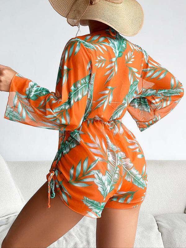 Women's Tropical Print Bikini Set, Halter Neck Tie Back Triangle Bra & Drawstring Side High Waist Romper & High Cut Swim Panty Swimsuit Sets, Beach Bathing Suit, Women's Swimwear, Summer Swimsuit Style Beach Bikini, Swim Top Set