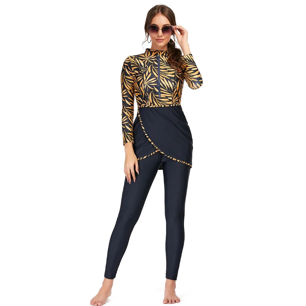 New Muslim Swimwear Women Modest Patchwork Hijab Long Sleeves Sport Swimsuit 3pcs Islamic Burkinis Wear Bathing Suit
