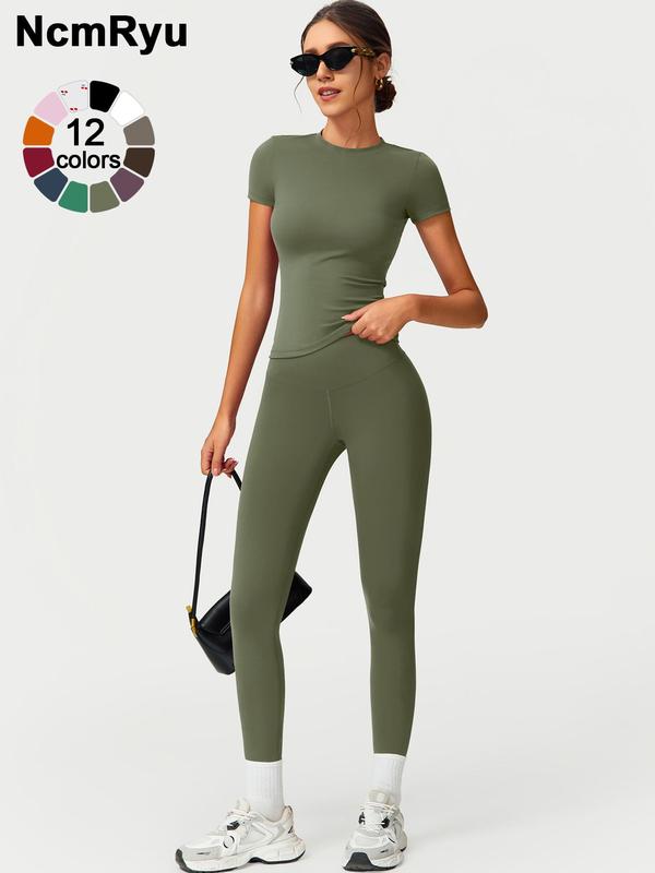 2PCS Women Quick Dry Yoga Set Workout Sportswear Gym Clothing Fitness Short Sleeve Top High Waist Leggings Sports Suits