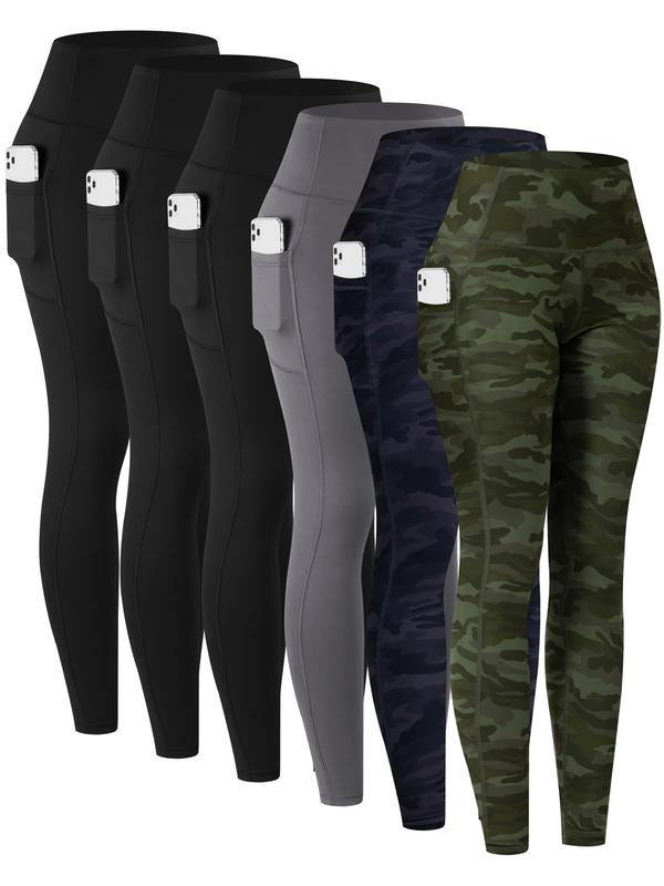 Solid Color High Waisted Yoga Pants With Pockets, Exercise Running Yoga Leggings, Tummy Control Workout Running Yoga Leggings for Women