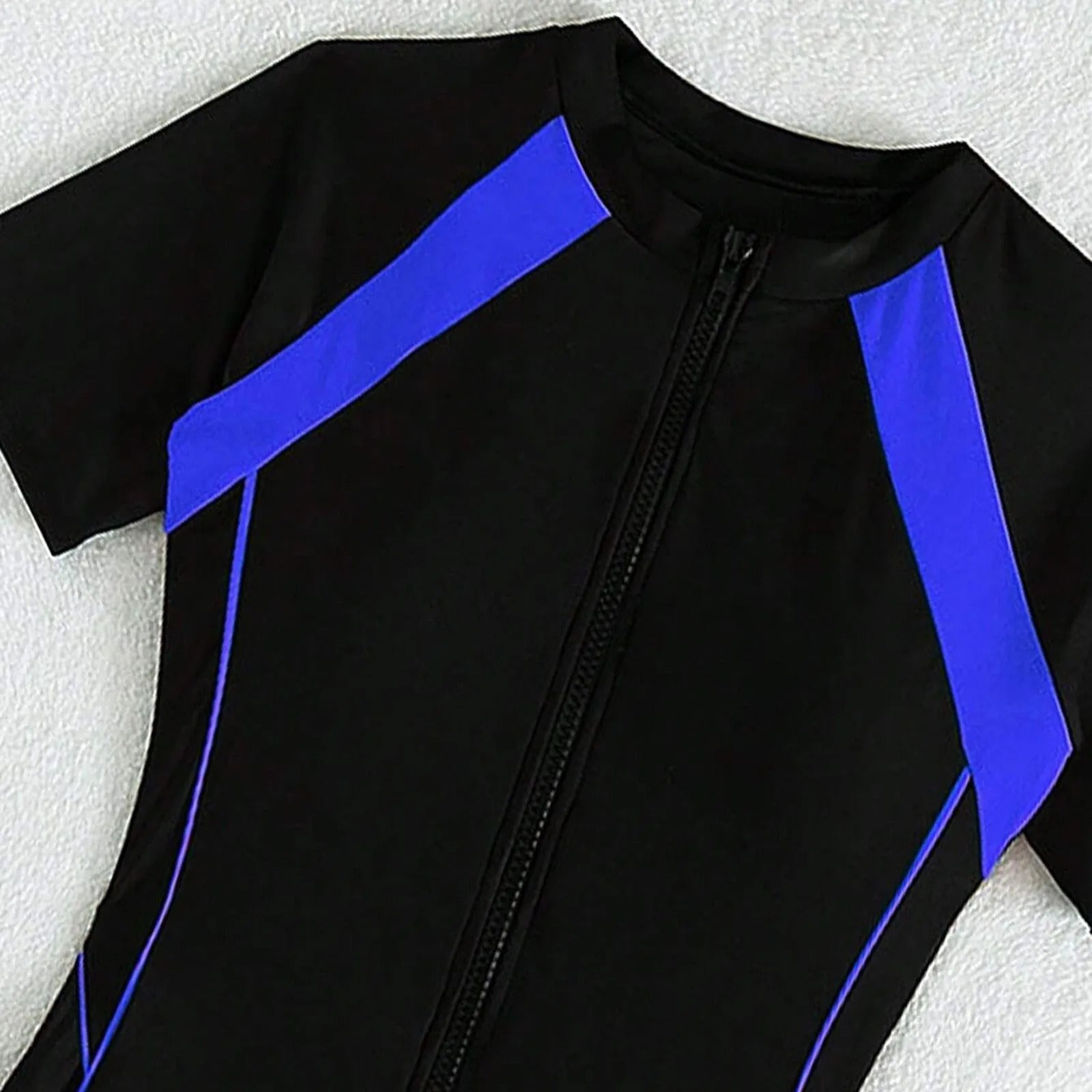 Female Summer One-piece Solid Color Patchwork Flat Angle Short Sleeved Zippered Swimsuit Sun Protection Quick-Drying Swimwear