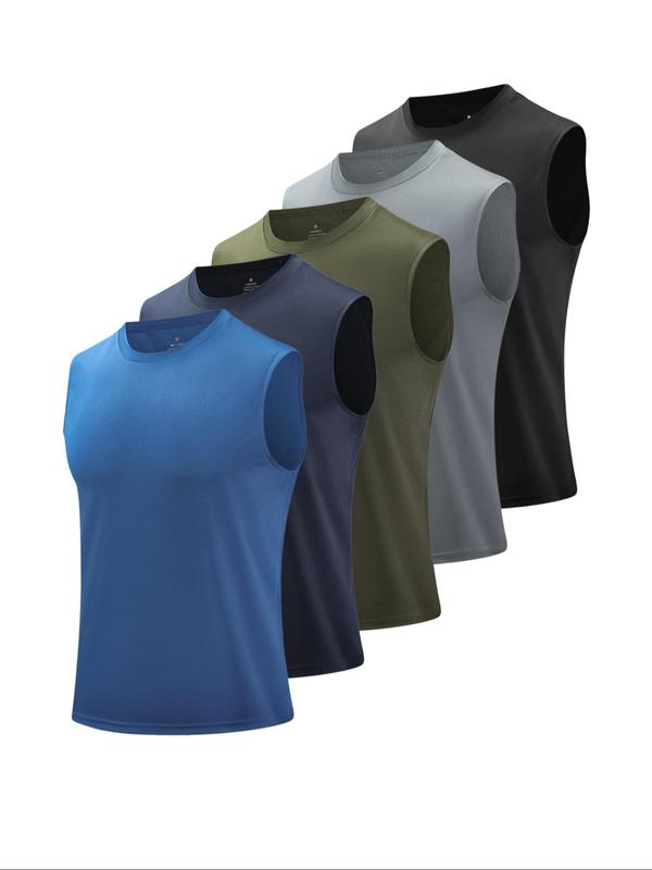 Men's Solid Round Neck Sports Vest, Breathable Comfortable Quick Drying Tank Top for Running Outdoor Exercise Basketball Training, Sport & Outdoor Clothing for Summer, Gym Casual Wear, Sleeveless Sports Vest