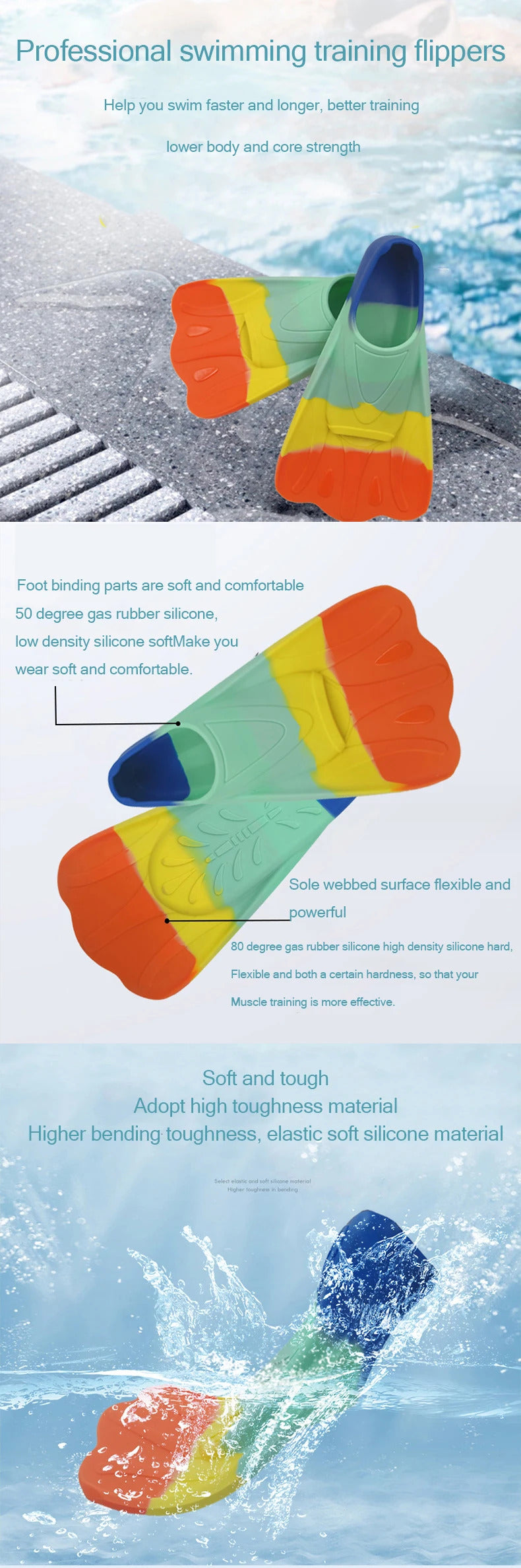 New colored swimming training fins for summer tourism, elastic and soft silicone diving frog shoes