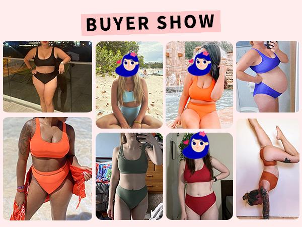 Women Two Piece Scoop Neck Bikini Crop Top High Cut Swimsuit Sporty High Waisted Bathing Suit with Bottoms