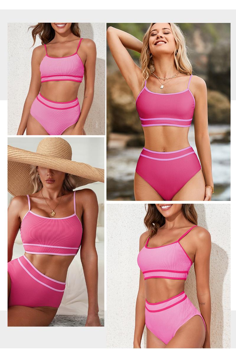 Women's Ribbed Bikini Sets Color Block Swimsuit High Waisted Bathing Suit Swimming Clothing Beach Water Sports Swimwear