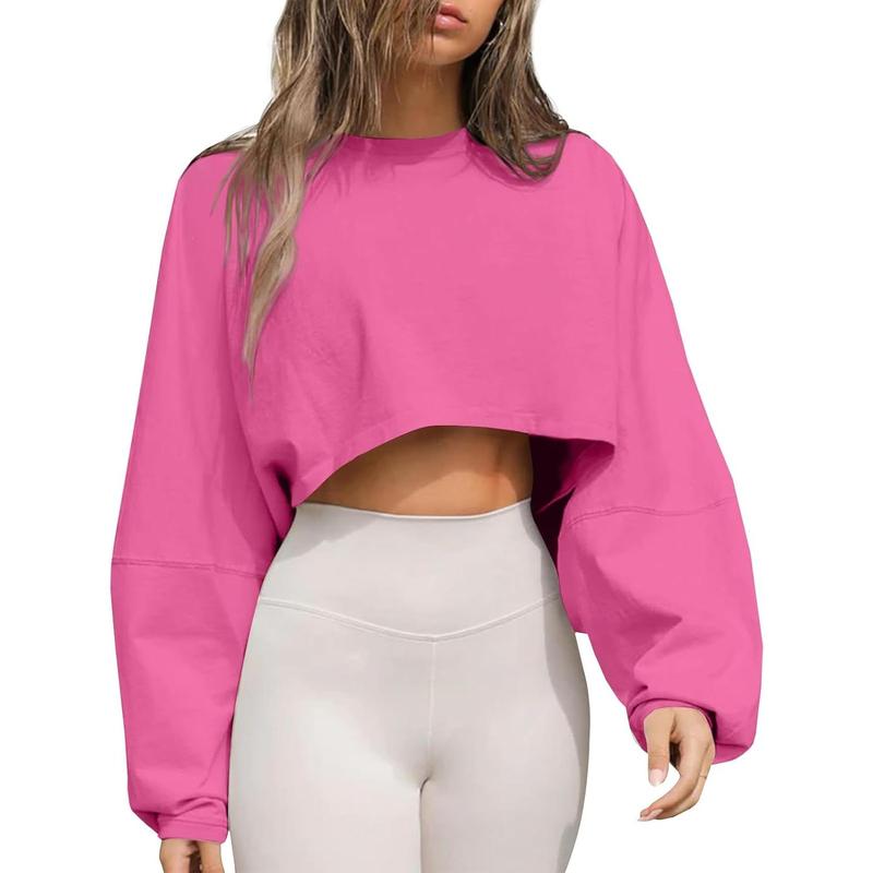 Womens Long Ballon Sleeve Sweatshirts Tops Cropped Crew Neck Loose Fit Casual Workout Shirts