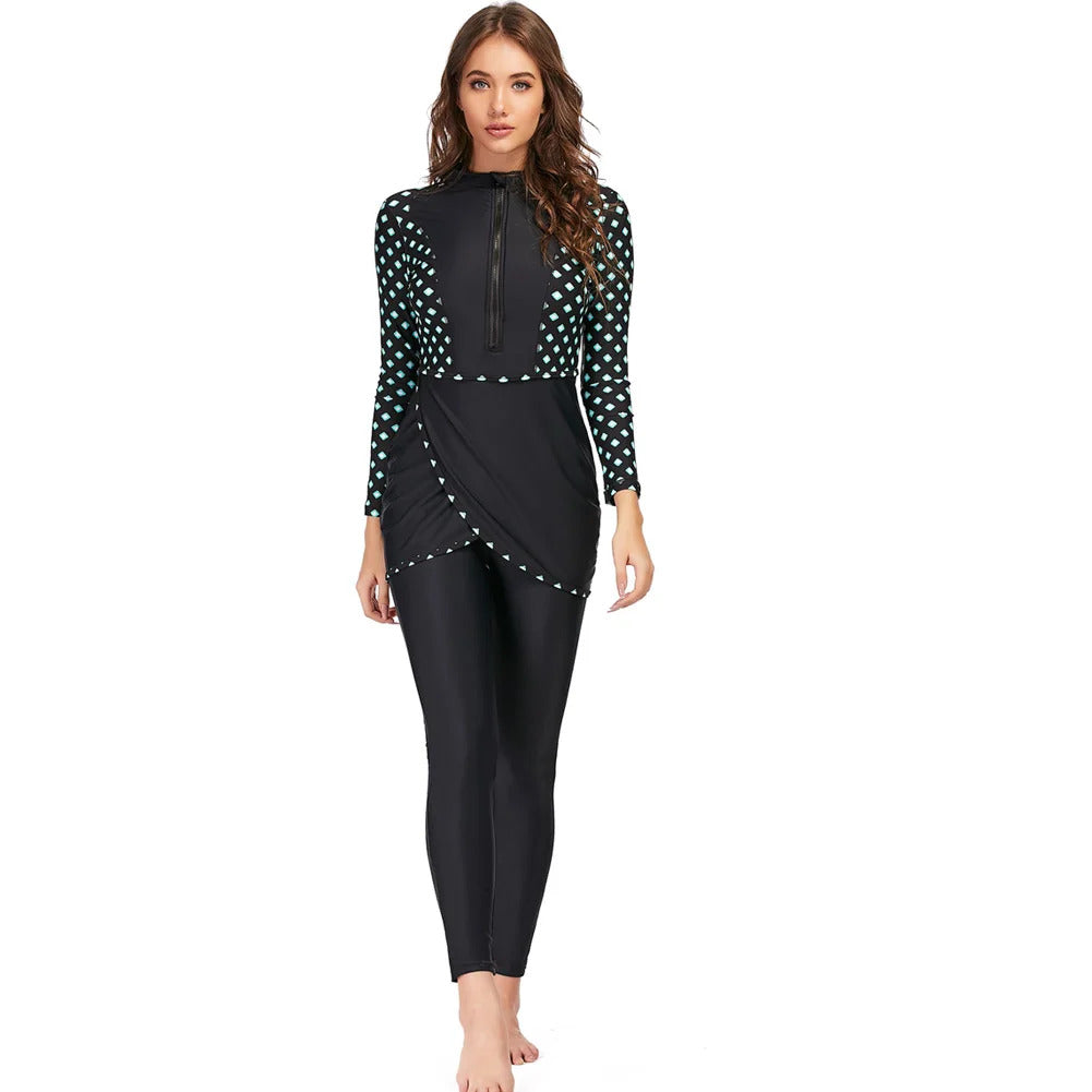 New Muslim Swimwear Women Modest Patchwork Hijab Long Sleeves Sport Swimsuit 3pcs Islamic Burkinis Wear Bathing Suit
