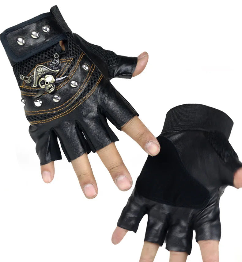Punk Skulls Rivet PU Leather Gloves Men Women Fashion Hip Hop Anti-slip Half Finger Gloves Summer Cycling Motorcycle Accessories