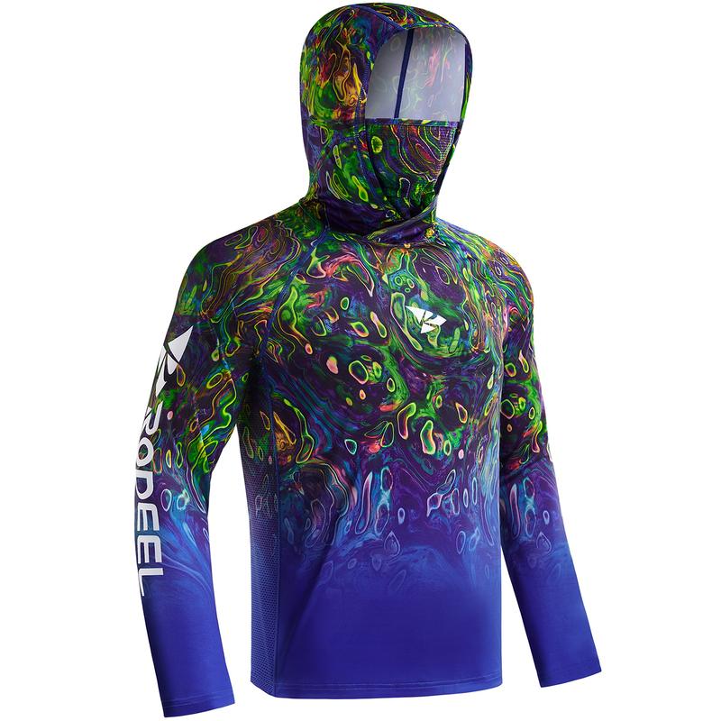 Sun UV Protection Hoodie Shirts, UPF 50+ Men Raglan Long Sleeve Lightweight Quick Dry Breathable Cooling Rash Guard with Mask Neck Gaiter for Outdoor, Hiking, Fishing, Boating, Biking, Sport, Gym, Constructing, Roofing, Landscaping, Gardening 915