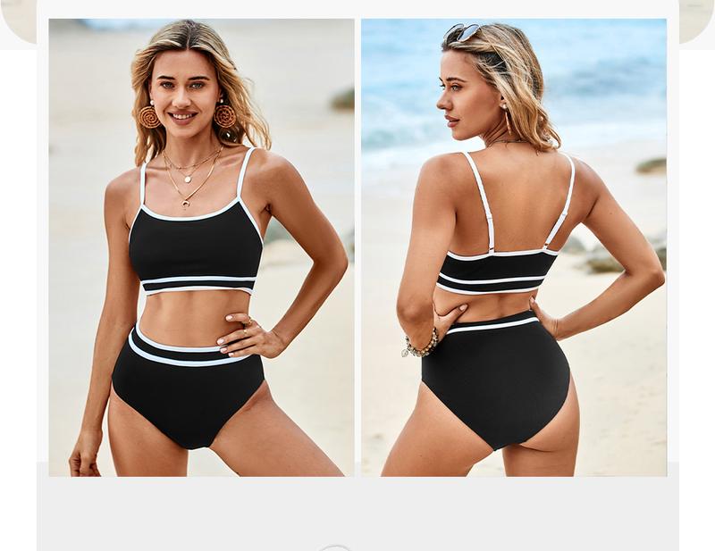 Women's Ribbed Bikini Sets Color Block Swimsuit High Waisted Bathing Suit Swimming Clothing Beach Water Sports Swimwear