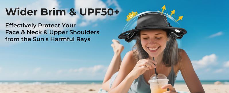 AMACOOL 2-in-1 Hands-Free Hat Fan with Detachable Neck Fan, Wide Brim Sun Hat, 3-Speed, 2600mAh Rechargeable for Outdoor Fishing Camping Beach Travel Back to School Gift