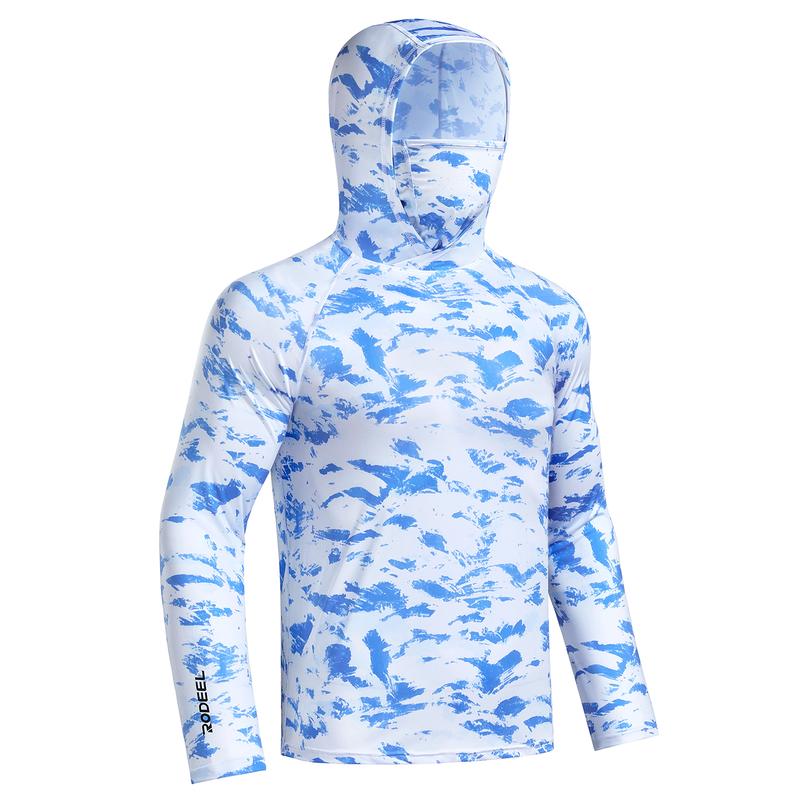 Sun UV Protection Hoodie Shirts, UPF 50+ Men Raglan Long Sleeve Lightweight Quick Dry Breathable Cooling Rash Guard with Mask Neck Gaiter for Outdoor, Hiking, Fishing, Boating, Biking, Sport, Gym, Constructing, Roofing, Landscaping, Gardening 915