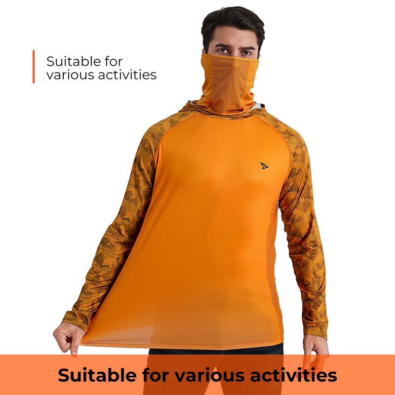 Sun UV Protection Hoodie Shirts, UPF 50+ Men Raglan Long Sleeve Lightweight Quick Dry Breathable Cooling Rash Guard with Mask Neck Gaiter for Outdoor, Hiking, Fishing, Boating, Biking, Sport, Gym, Constructing, Roofing, Landscaping, Gardening 915