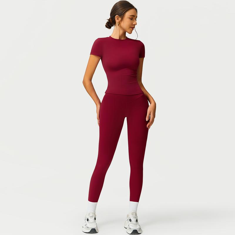 Women's 2-Piece Cherry Print Crew Neck Tee & High-Waist Leggings Set , Extended Hemline, Quick-Dry Snug , Yoga, Gym, Athleisure , Women's Activewear Pilates Outfits Compression Shirts Sweatpants