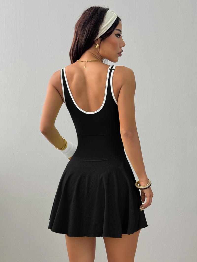 Women's Solid Contrast Trim Backless Sports Dress, High Stretch Sporty Comfortable Breathable Sports Dress with Built-in Pocket, Ladies Sportswear for All Seasons, Tennis Attire, Sporty Chic Dress, Gym Dress, Tennis Athletic Dress, Yoga Active Dress